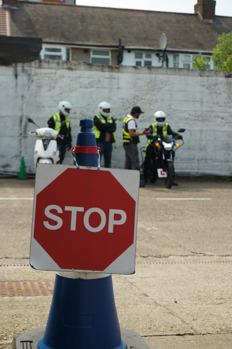 Controlled stop practice near cones - Universal Motorcycle Training Dagenham centre